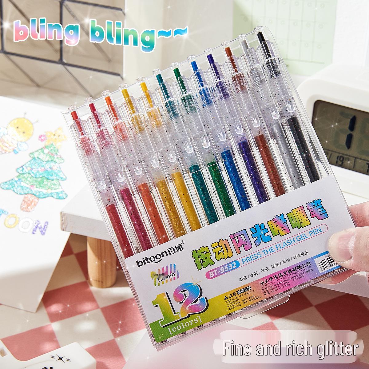 Baitong 9532 Flashing Gel Pen - Clickable, 12 Colors, for Bullet Journaling & Highlighting