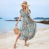 Women Summer Floral Print V Neck Ruffled Short Sleeve Casual Dress High Waist A Line Backless Slit Ankle Length Spring Dress