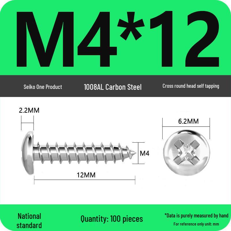 Galvanized Self-Tapping Screws, Round Head, White Zinc, PA Cross Pan, Pointed Tail M1.2-M4