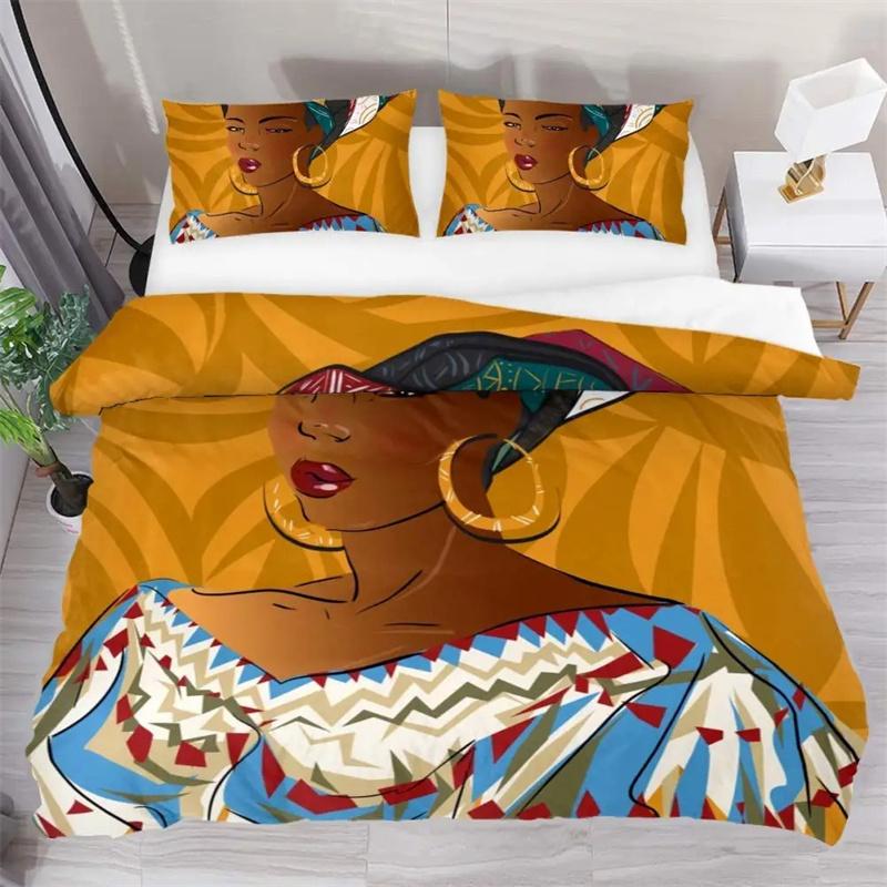 African Woman Bedding Set Vintage Africa Country Comforter Cover for Kids Boys Girls Teens Boho Style Exotic Nation Microfiber