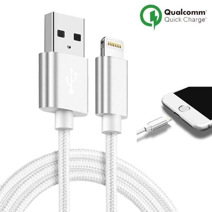 Câble USB pour iPhone - Nylon - 1M - Compatible avec iPhone 5 à 11 Pro Max - Couleur Blanc