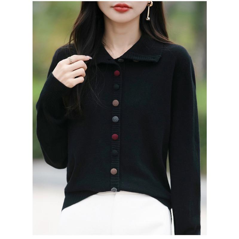 Women S Lapel Long Sleeve Cardigan Sweater Korean Style Solid Color