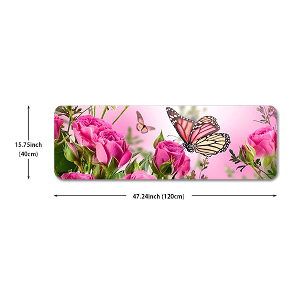 1Pcs Butterfly Flying On The Pink Rose Kitchen Rug Anti-Fatigue Kitchen Rug Waterproof Non-Slip Rugs Set Runner Rug Bedside Rug Absorbent Carpet