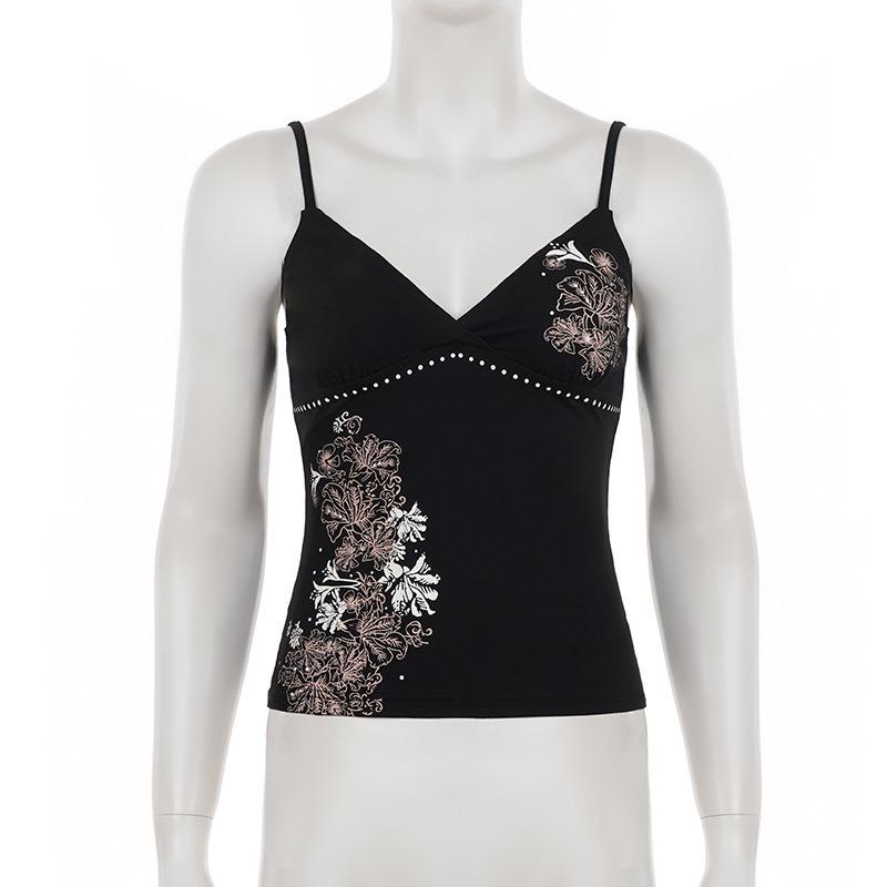 Women Summer V Neck Spaghetti Strap Floral Retro Print Slim Fit Camisole Top