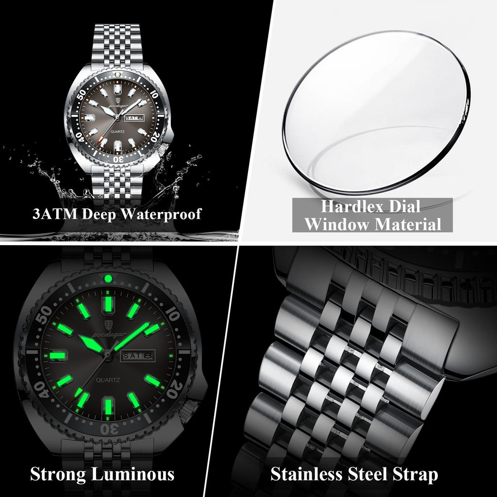 POEDAGAR Business Men Clock Date Week Waterproof Luminous Vintage Male Wristwatch Stainless Steel Quartz Military Men's Watches