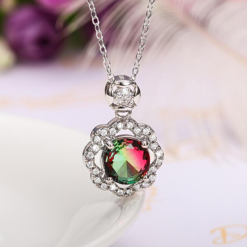 Silver Plated Colorful Round CZ Halo Pendant Necklace, Floral Frame Moving Stone Cable Chain Necklace for Women