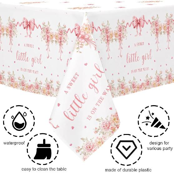MEHOFOND 3 Pcs Pink Bow Baby Shower Table Cloth, Floral Coquette Sweet Girl Baby Shower Party Disposable Tablecloths Decorations, 108 x 54 Inch