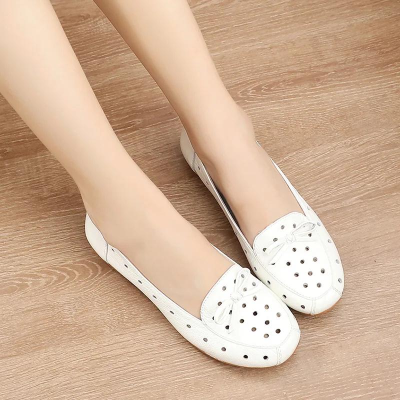 Fashion Women Genuine Leather Shoes Ballet Flats Spring Ladies Flat Low Heel Bowknot Comfy Soft Leather Slip on Shoes for Female Zapatos