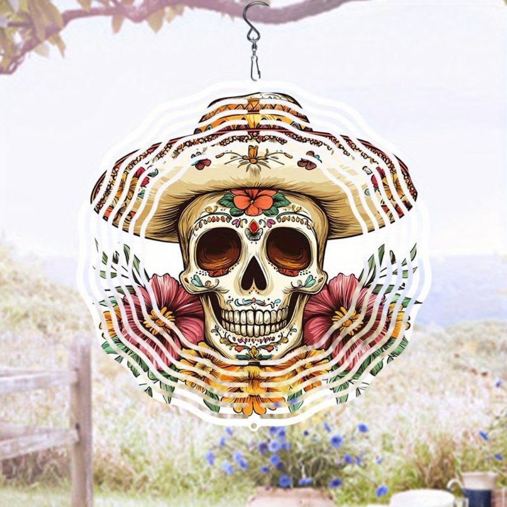 Kaijit - 1pc No Battery Required Cinco De Mayo Skull with Hat Mandala Wind Powered Rotating Wind Chime - Dynamic 2D Hanging Garden Art