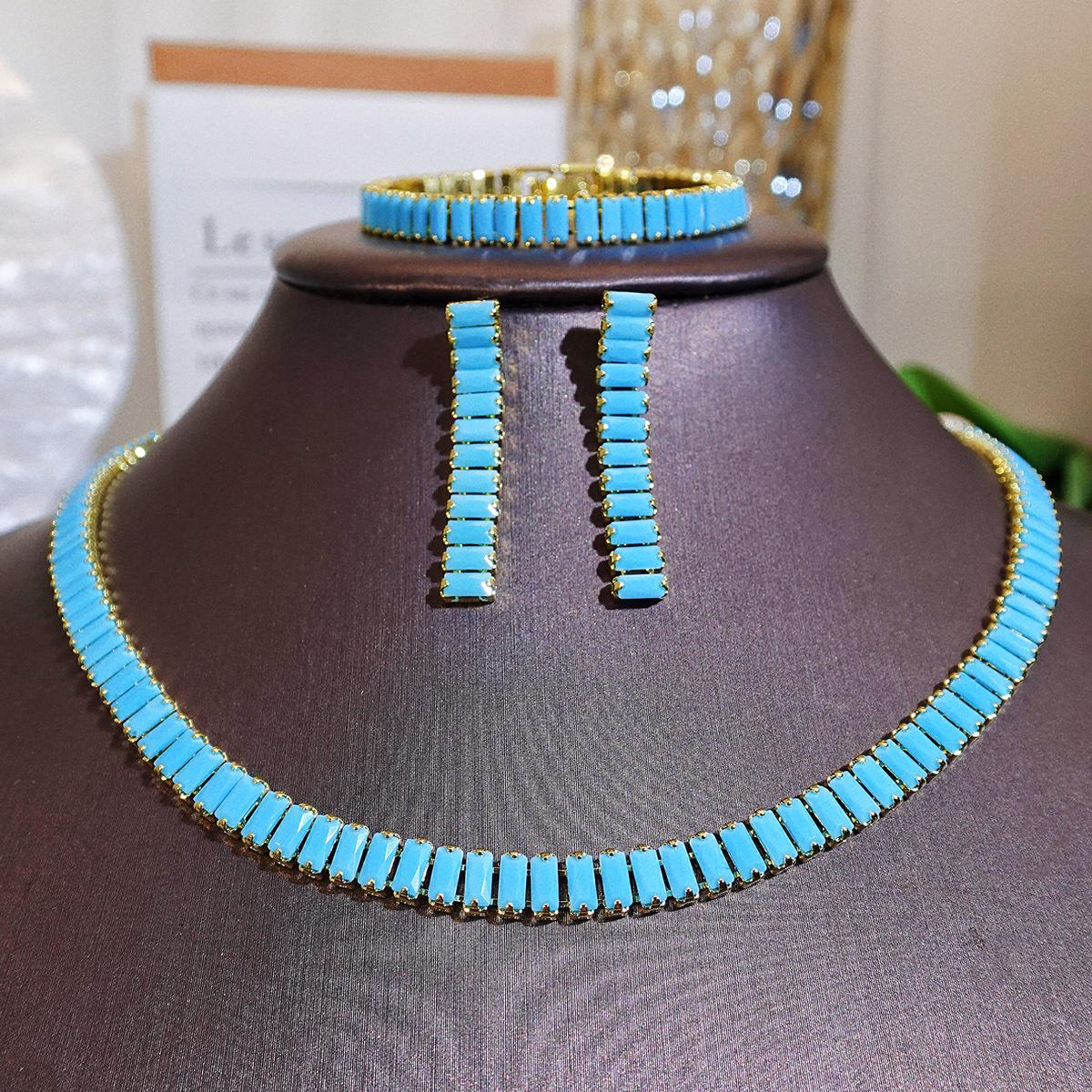 2026 Fashion Simple Premium Blue Turquoise Necklace Bracelet Earrings Light Luxury Elegant Blue Zircon Necklace Suit Women 45CM