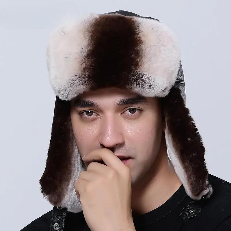 Winter Bomber Hat Men Ushanka Thick Warm Russia Rabbit Fur Trapper Ear Hat
