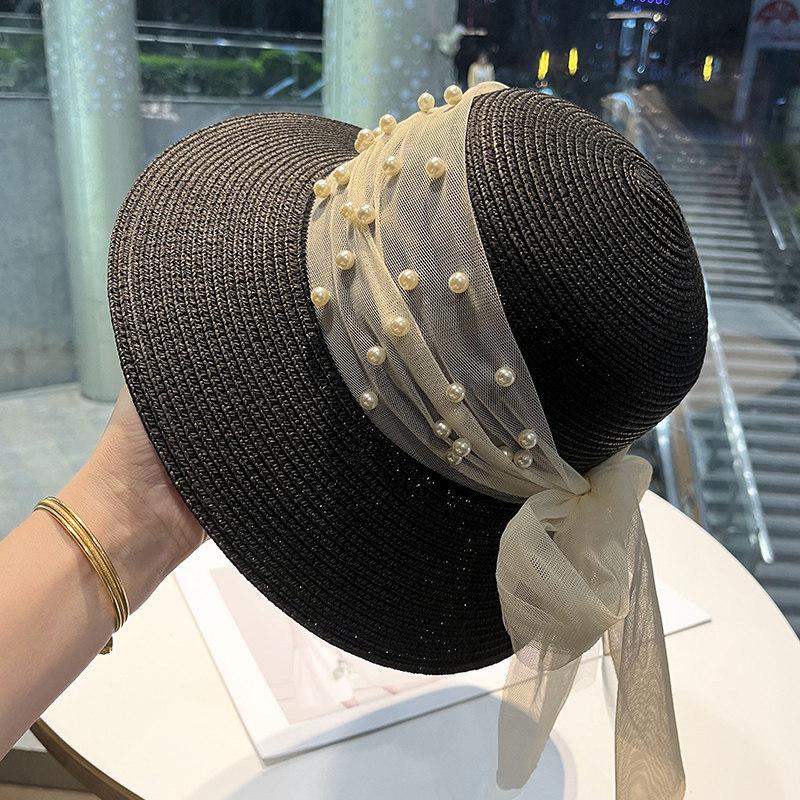 New bow mesh temperament women spring and autumn summer sunshade sunscreen straw woven bucket hat straw hat travel hat