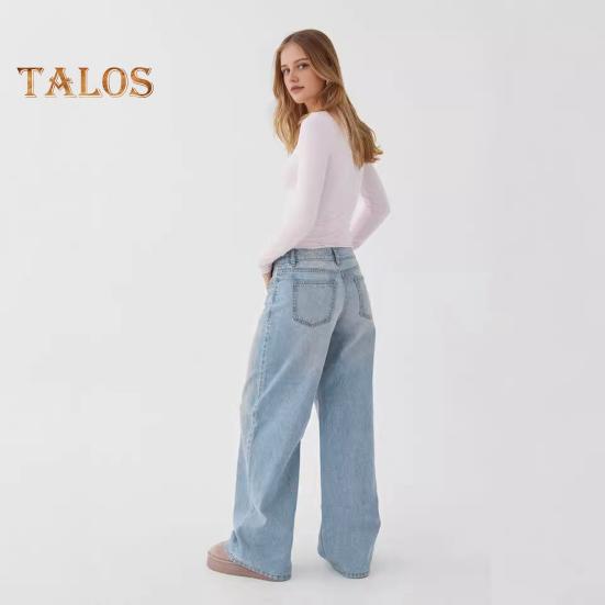 Weite Jeans für Damen, hohe Taille, dehnbare Jeanshose mit Taschen, lässige Jeanshose mit geradem Bein