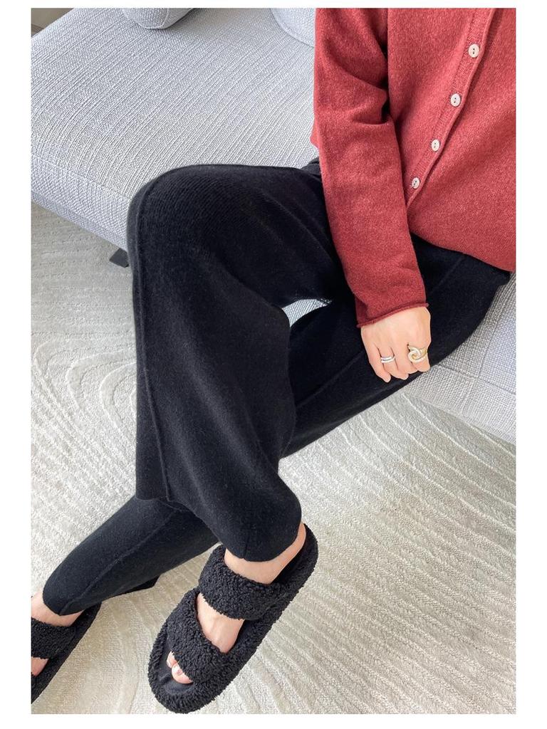 Women's High-Waisted Wide-Leg Knit Pants - Warm, Thick, Casual Floor-Length with Drawstring