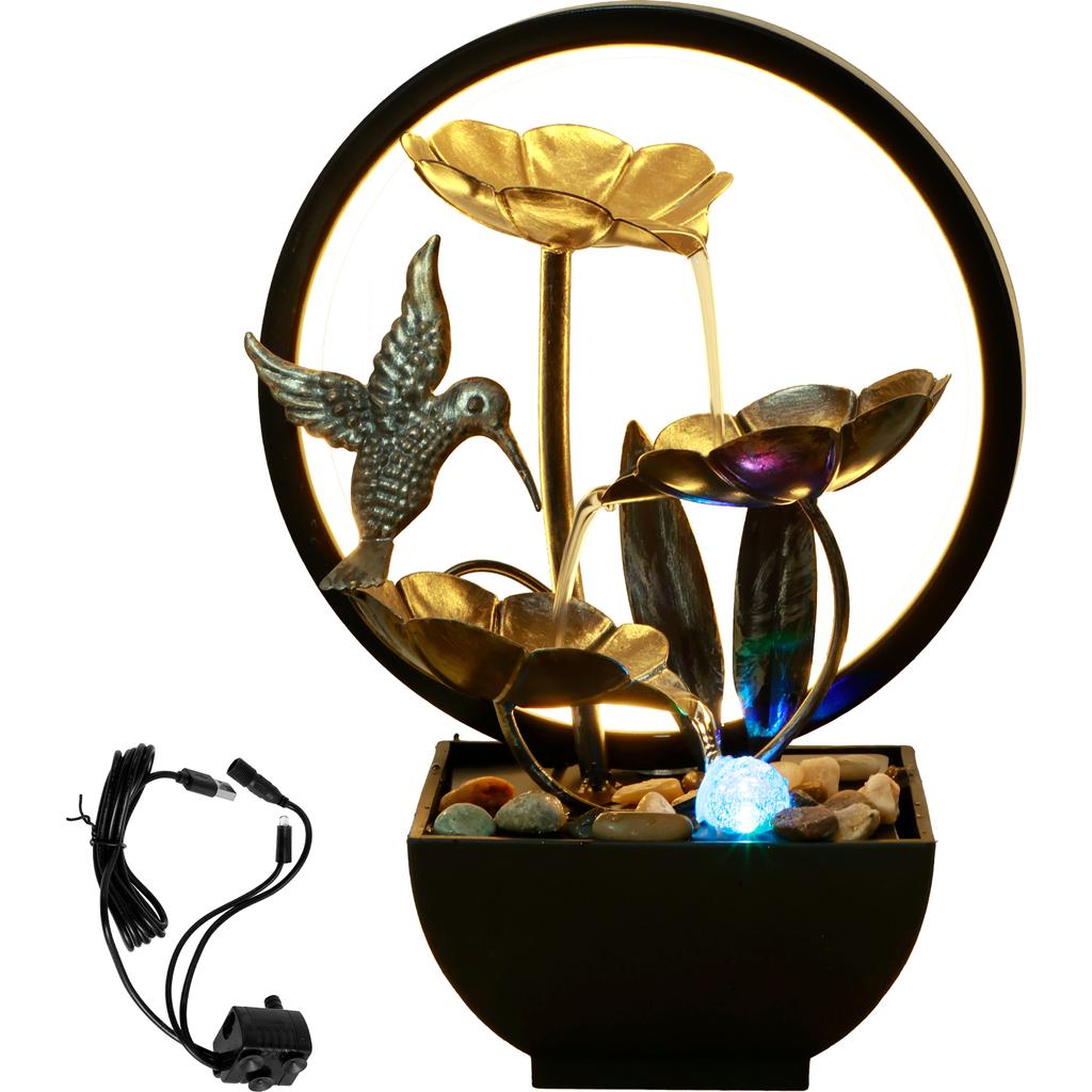 Tabletop Water Fountain USB Powered Tabletop Fountain with Natural Rocks and LED Ring Lights Desktop Waterfall Fountain Zen