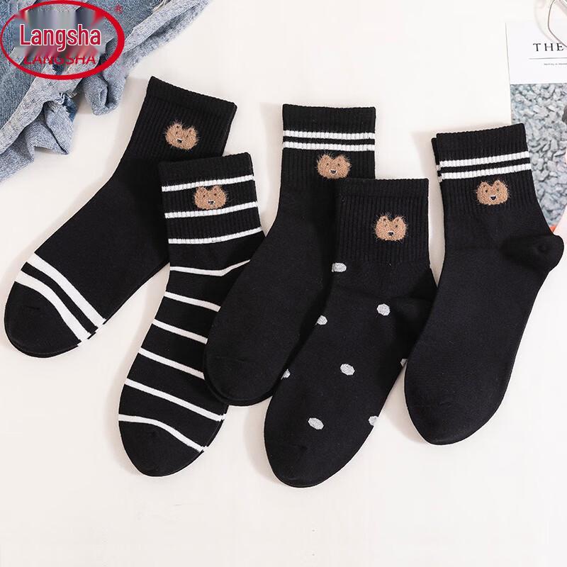 Langsha Women s Cartoon Bear Cotton Mid-Calf Socks (5 Pairs) One Size (35-40)
