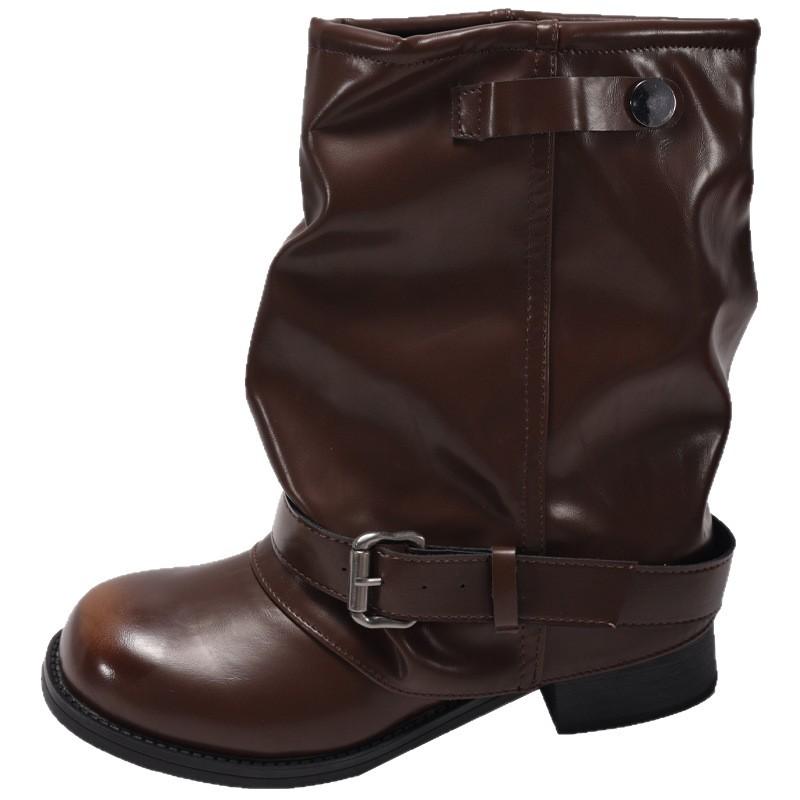 Belt buckle thin women's boots thick heel medium boots stacked women's versatile trousers boots new European and American fashion tube cloth