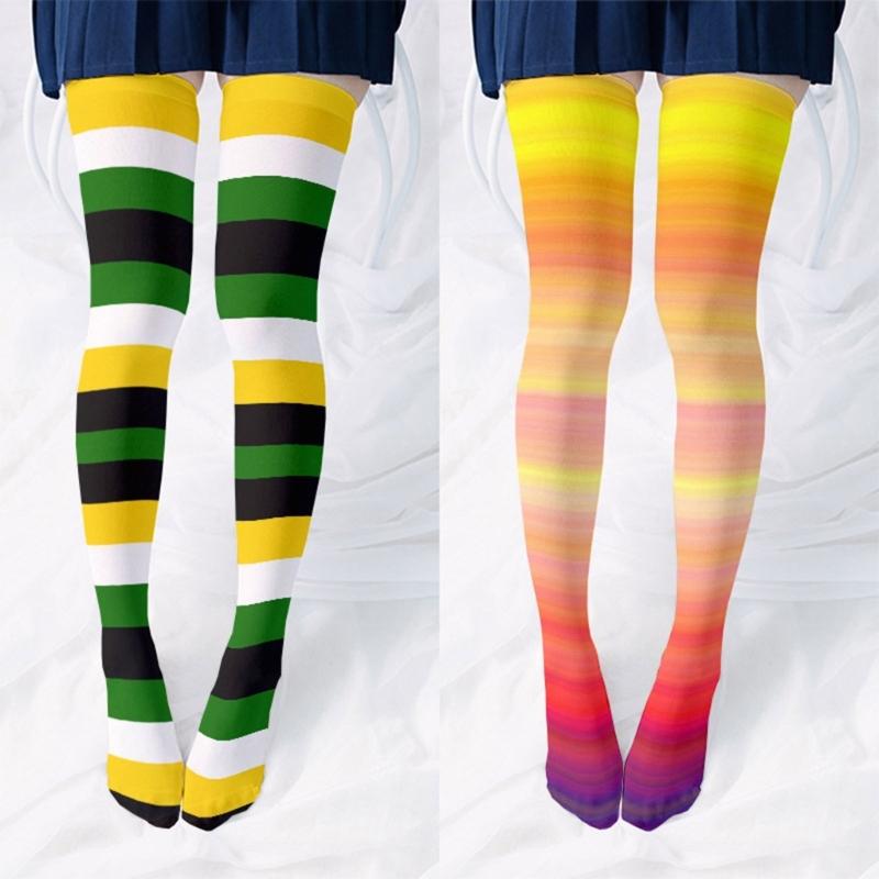 Rainbow Multicolor Striped Print Over the Knee Stockings for Women Carnivals Parties Anime Thigh High Long Socks Hosiery