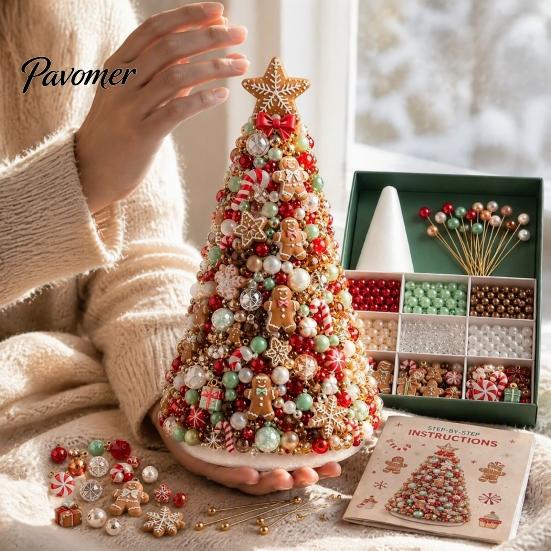 Handmade Gift for Craft Lovers DIY Beaded Tree Kit Adults, Christmas Bead Kit, Ornament Crafting Set 3D Holiday Tabletop Mantel Decoration Festive