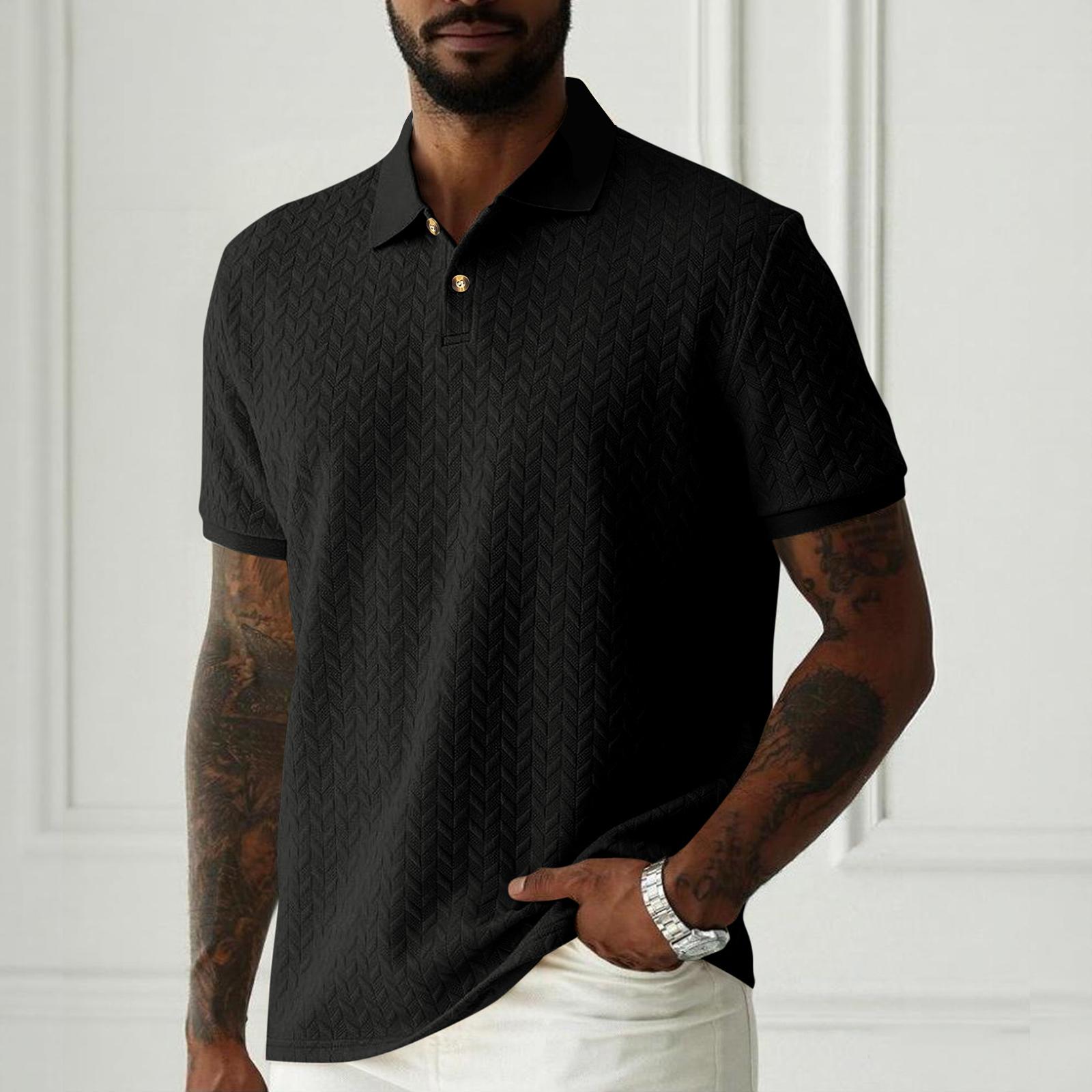 

Men s Summer Jacquard Polo Shirt Short Sleeve Business Casual Collared Top Lightweight Breathable Fabric Comfortable Fit M чёрный