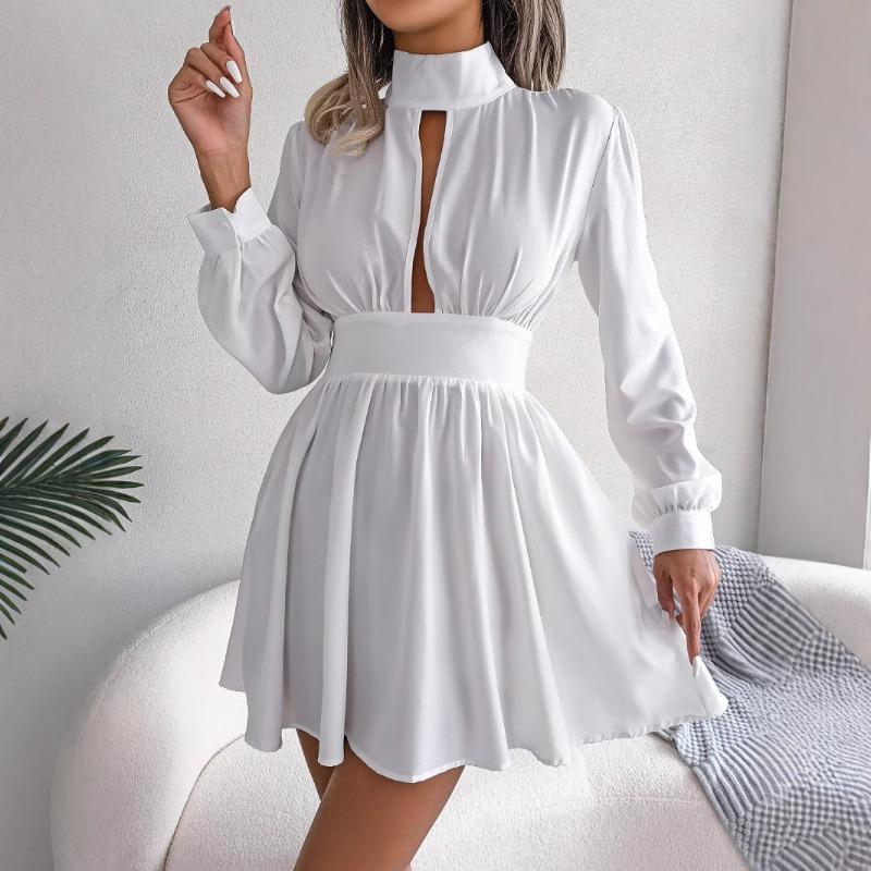 Spring and Summer Sexy Hollow Out A-line Party Short Dress Slim Waist Casual Turtleneck Long Sleeve Evening Dress Streetwear Solid Color Clothing