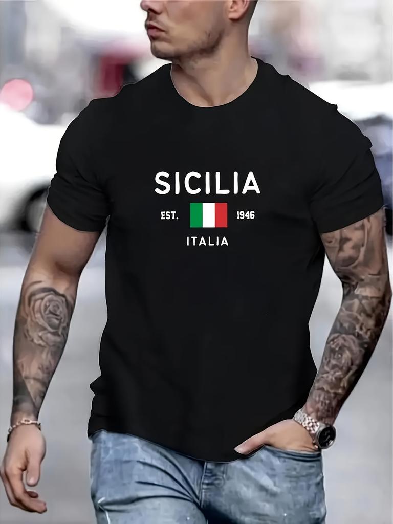 Men'S Sicilian Italian Heritage Graphic Tee Black Shirt with White Sicilia Text Flag Colors Crew Neck Casual T-Shirt