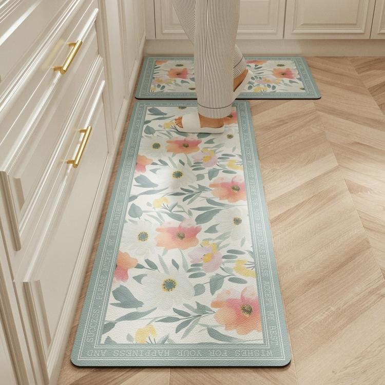 Carpet for Kitchen Floor Mat Pvc Leather Waterproof Non-slip Long Rug Anti-fatigue Foot Mats Pink Flower Home Decoration Rugs