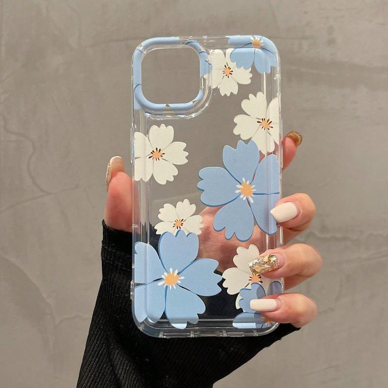 Capa de Telefone Transparente à Prova de Choque com Flores Coloridas para iPhone 12-16, 13-15 Pro Max.