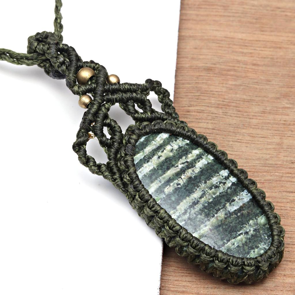 Necklace Gemstone Jewelry Zebra Jasper Macrame Thread Handmade 20-36''Ad Unisex