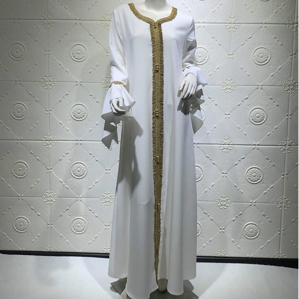 

Вышитое золотое кружево мусульманское женское платье Абая с рюшами на рукавах Джалабия Дубайский халат плюс размер Марокканский кафтан Арабские платья M