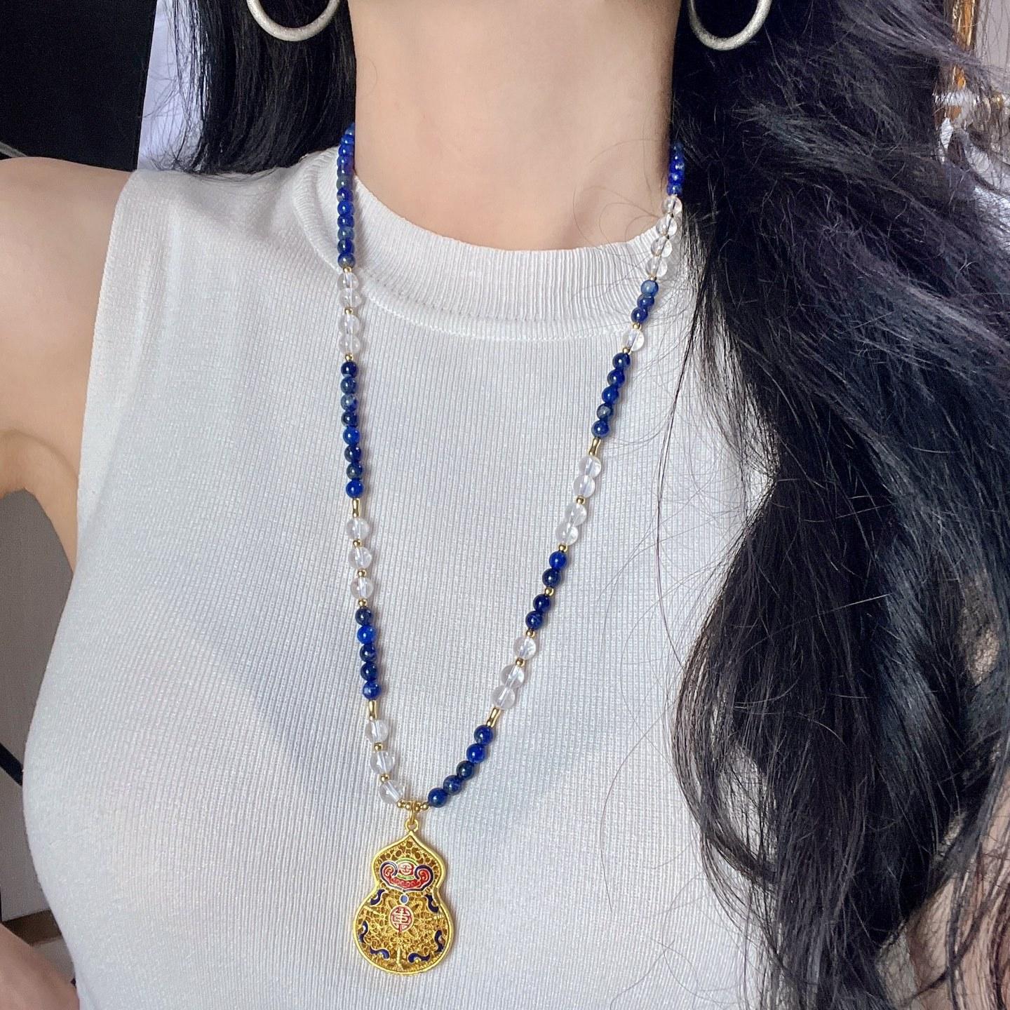 Vintage High Quality Natural Lapis Lazuli White Crystal Necklace Necklace Sweater Chain