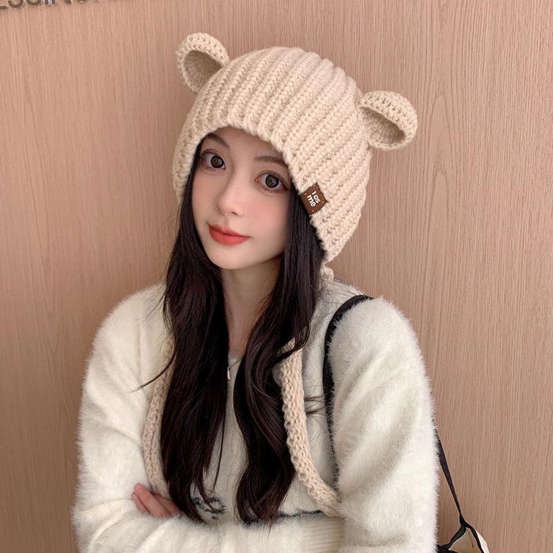 Niedliche Bärenohren Strickmütze locker Damen Winter verdickt warm vielseitig Zopfwolle Mütze
