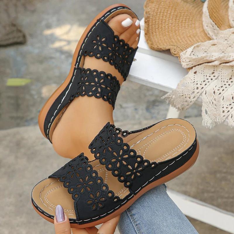 Fashion Hollow Out Flower Wedge Sandals for Women Summer 2025 Comfortable Non Slip Beach Shoes Woman Lightweight White Platform Slippers