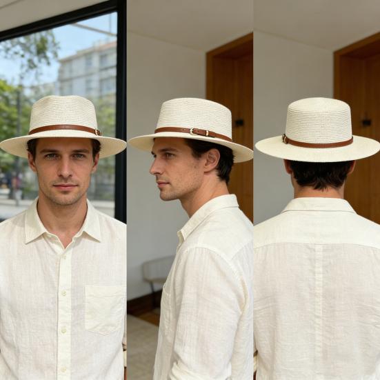 Straw Hat Wide Brim Flat Faux Leather Strap Top Design Metal Buckle Decor Sun Hat Beach