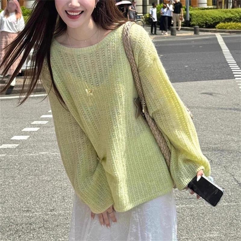 

Женский вязаный свитер с вырезами, круглым вырезом и свободный топ, приталенный и универсальный, с чувством дизайна 3XL зелёный