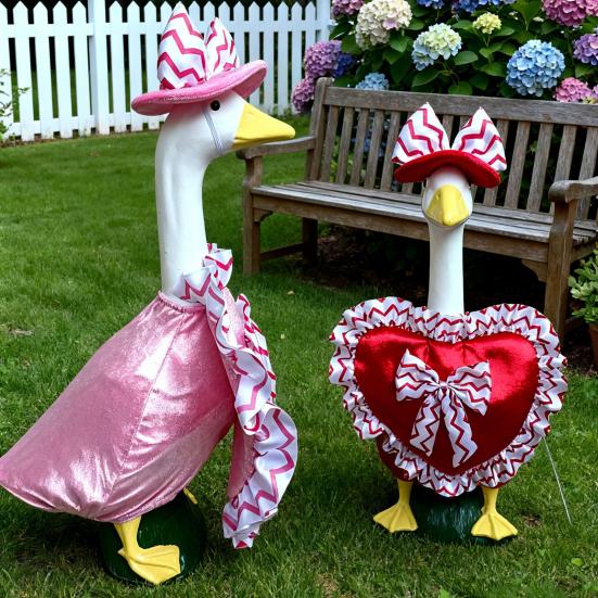 Valentine's Day Porch Goose Outfit Heart Shaped Ruffled Costume Bow Hat Lawn Goose Apparel Fits 23 Inch Goose Statue for Garden Patio Decor