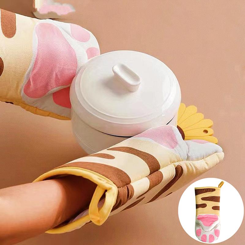 1Pc Cartoon Cat Paw Oven Mitt Microwave Oven Gloves Long Cotton Insulation Anti-Scald Non-Slip Baking Glove Microwave Kitchen