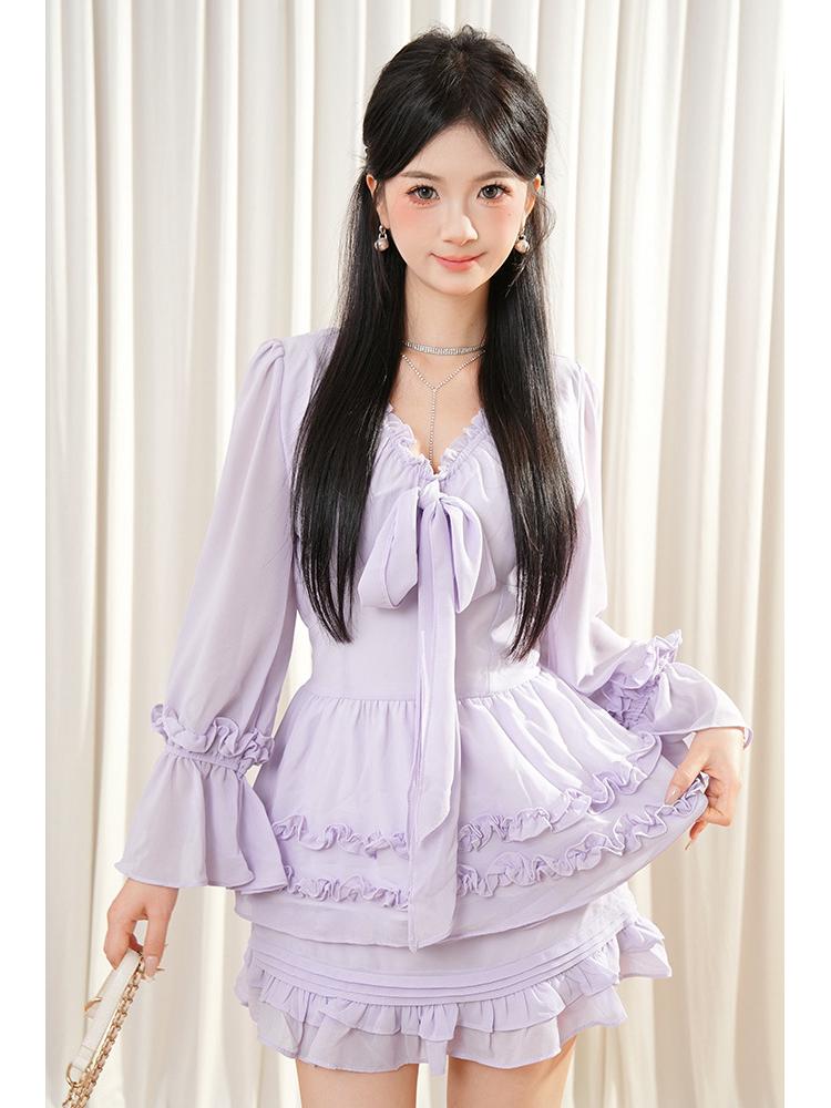 

Фиолетовая эстетика оборки бант фея топ и юбка комплект из двух предметов летний L (for 53-58 kg)