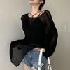 Korean Version of Sunscreen Knitted Sweater 1116 Summer New Long-sleeved Thin Seaside Temperament Blouse V-neck Loose Air-conditioning Shirt