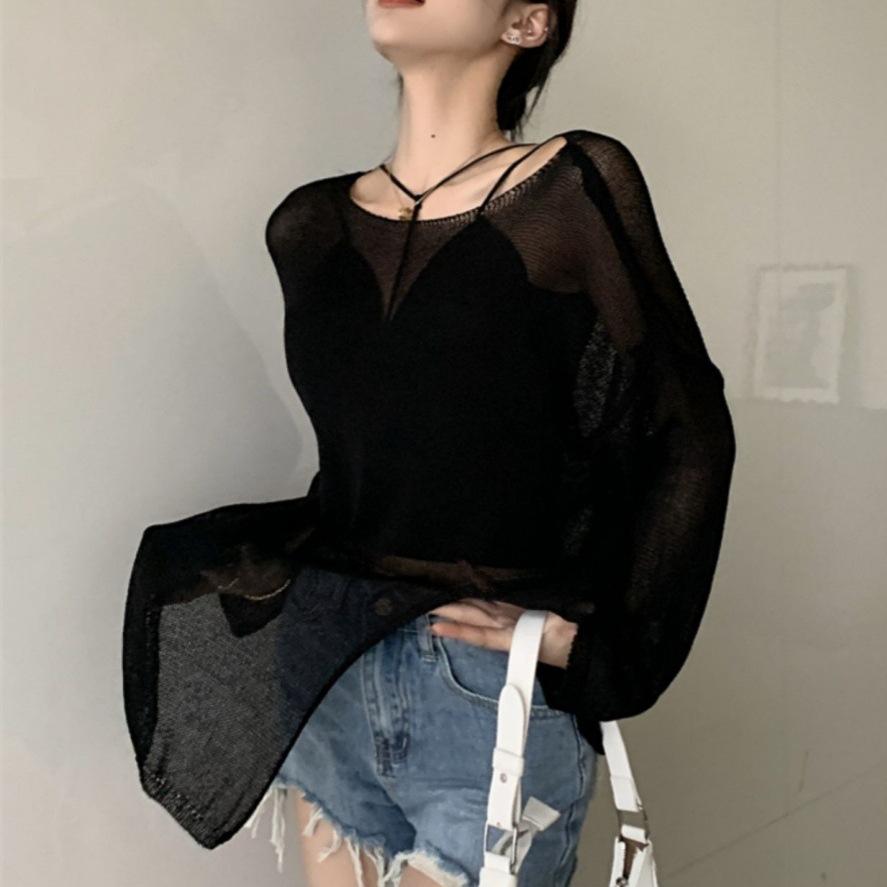 Korean Version of Sunscreen Knitted Sweater 1116 Summer New Long-sleeved Thin Seaside Temperament Blouse V-neck Loose Air-conditioning Shirt