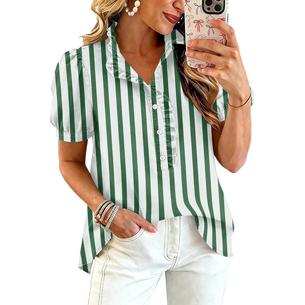 Women Ruffle V Neck Striped Print Blouse Short Sleeve Casual Loose Fit Button Front Top Shirt for Daily Wear