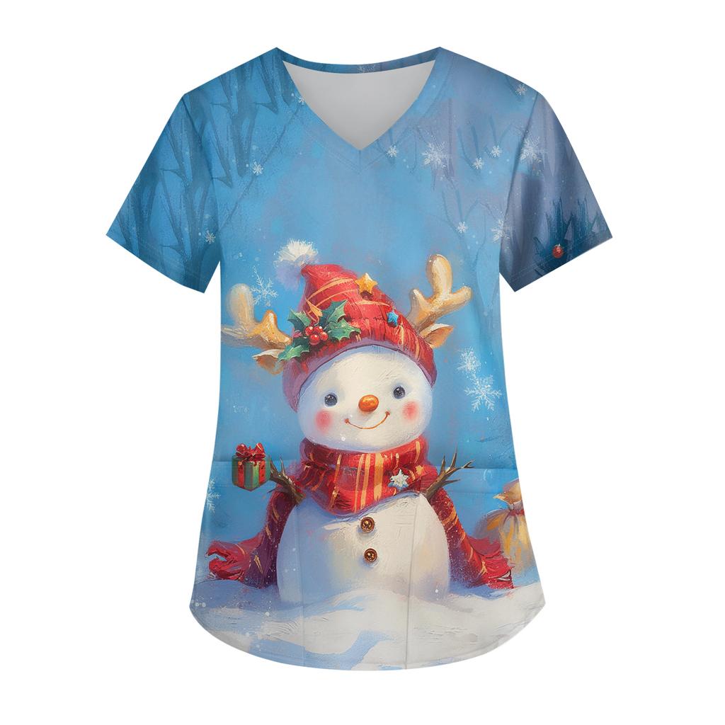 Ladies' Christmas Printed Fashionable V-neck Pocket Short Sleeved Uniform And Caregiver Top