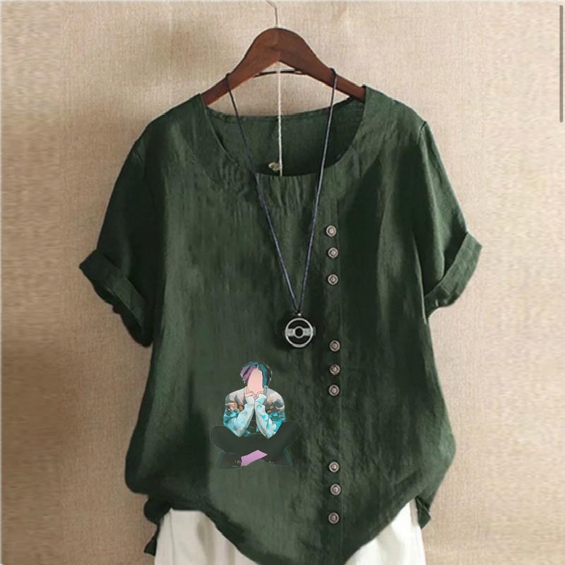 Women's New Fashion Linen Shirt Round Neck Short Sleeve Boy Printed T-shirt Summer Ladies Casual Plus Size Blouse Tops