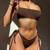 European & American Tie-Up Bikini Set: Sexy Solid Color Ribbed Swimsuit for Women