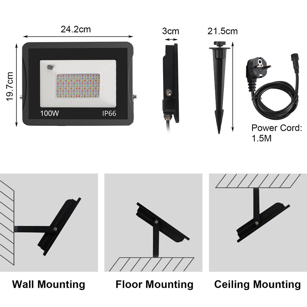 T-SUN RGB LED 100W Flood Light IP66 Waterproof Outdoor Spotlight  Reflector Projector Lamp For Garden Christmas Decoration