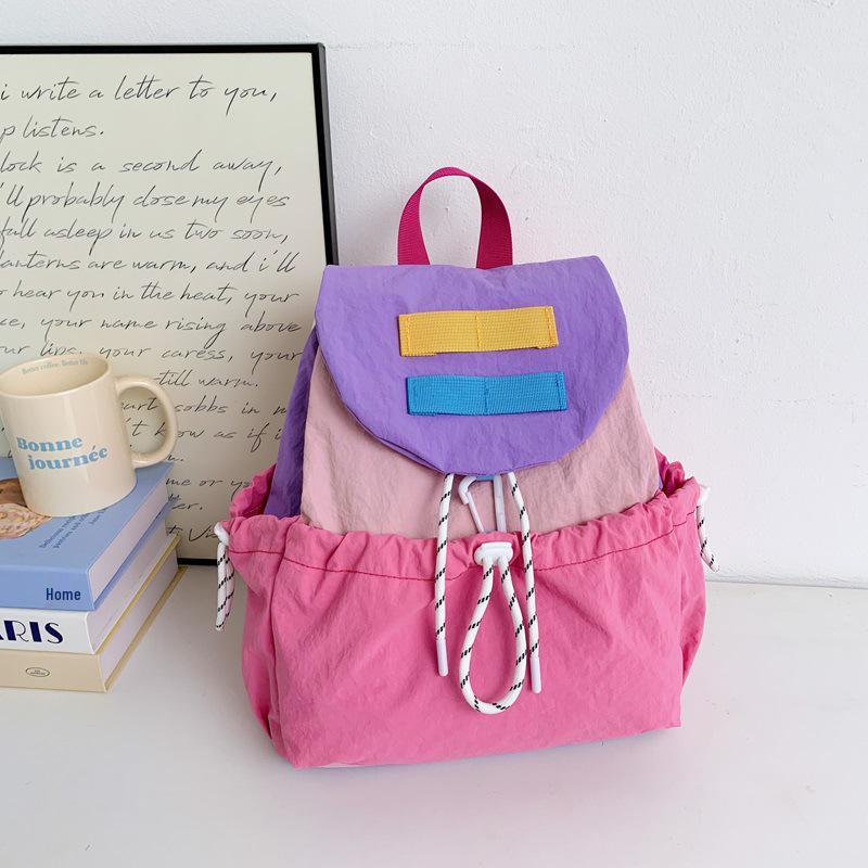 Kids' Lightweight Color Block Backpack: Large Capacity Kindergarten Bag with Drawstring for Boys and Girls