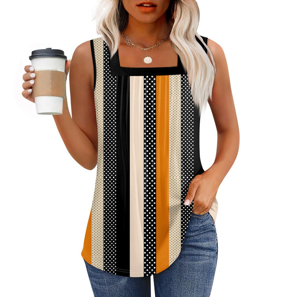 Tank Top für Damen, Sommer-Outfits, ärmellos, bedruckt, Blusen, lässig, lockere Hemden, plissiert, quadratischer Hals
