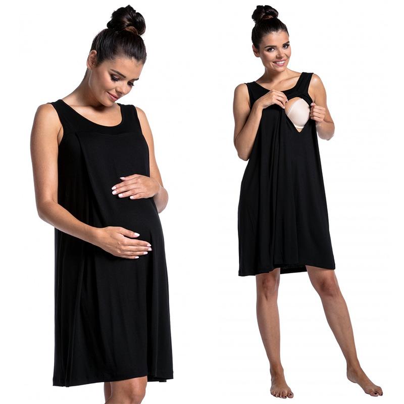 Women's Sleeveless Round Neck Maternity Nursing Dress Loose A Line Midi Pregnancy Nightgown