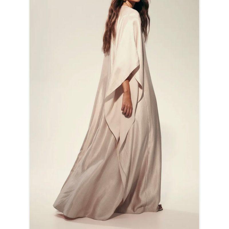 Foreign Trade H Home Small V-neck Heavy Industry Bright Silk High Quality Batwing Sleeve Slimming Loose Kraft Tan Dress Plus size