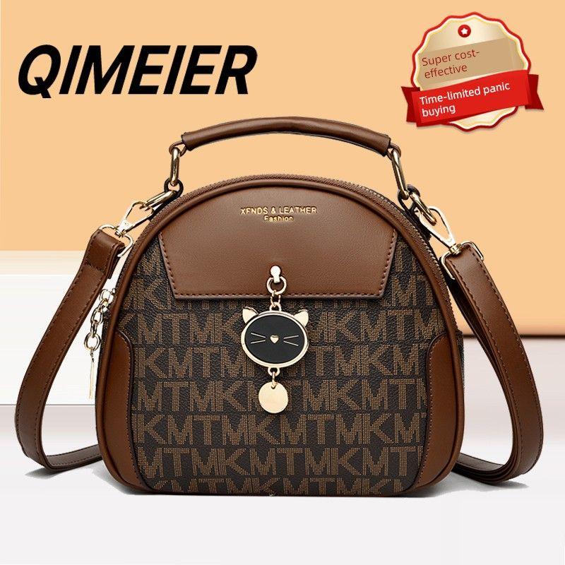 

Сумка женская из натуральной кожи, 2025 год, новая, высококачественная, портативная, маленькая круглая сумка с принтом, сумка-мессенджер для матери среднего возраста MK Brown [Factory Direct]]